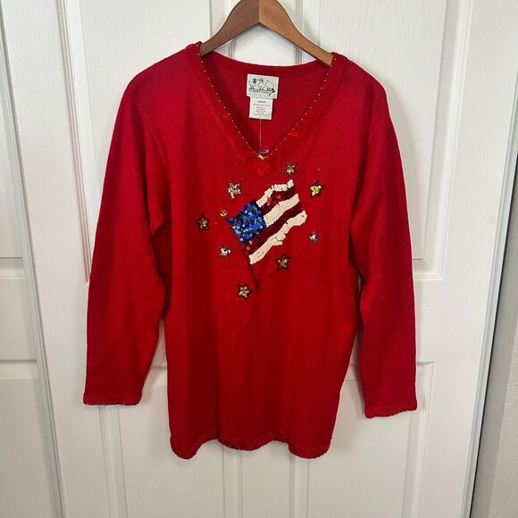 The Quacker Factory Sequin American Flag Red‎ V Neck Sweater NEW Size Large - Picture 1 of 8